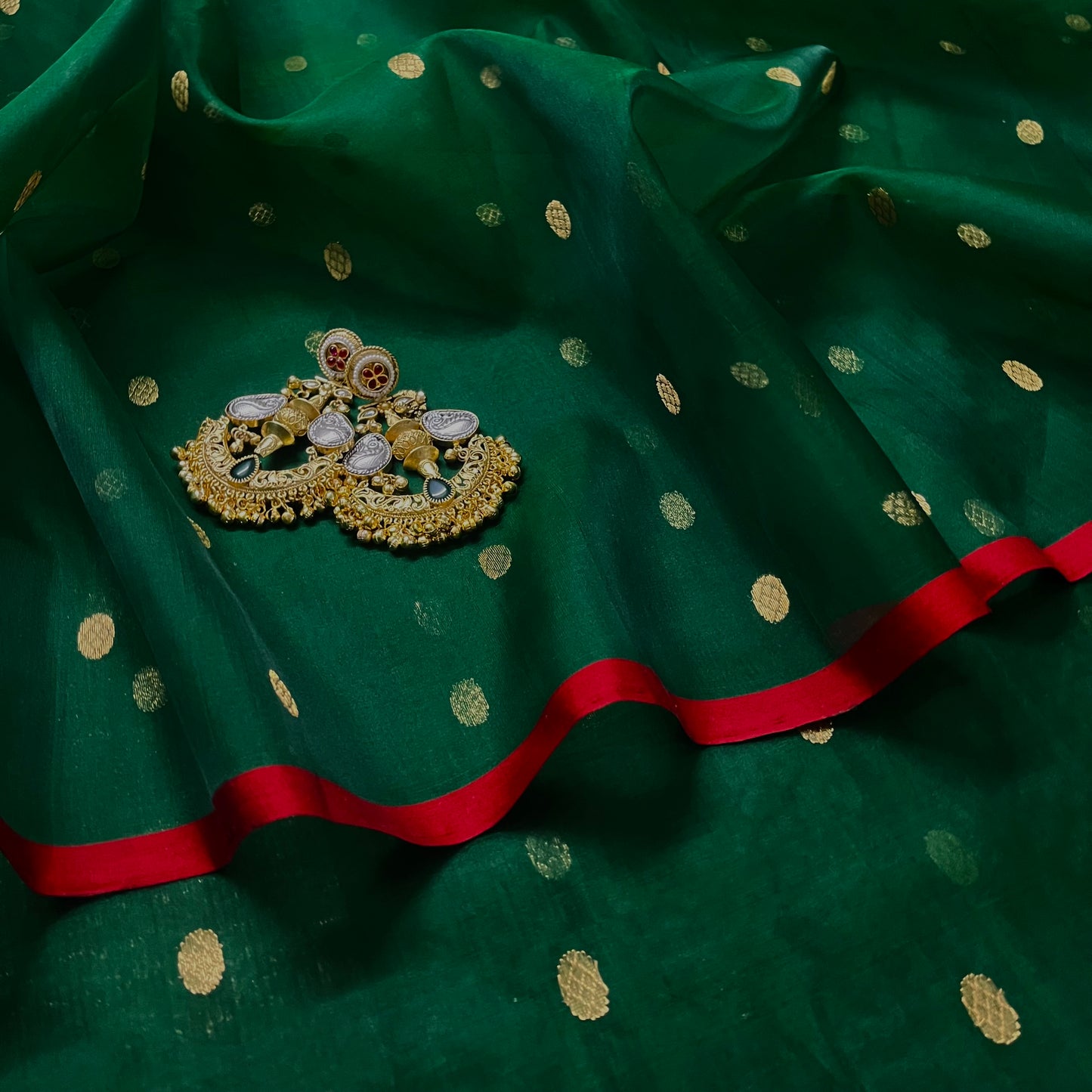 Green & red Chanderi silk saree with zari bootis all over