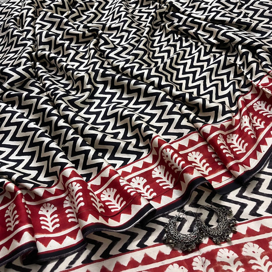 Black and white saree with block print all over