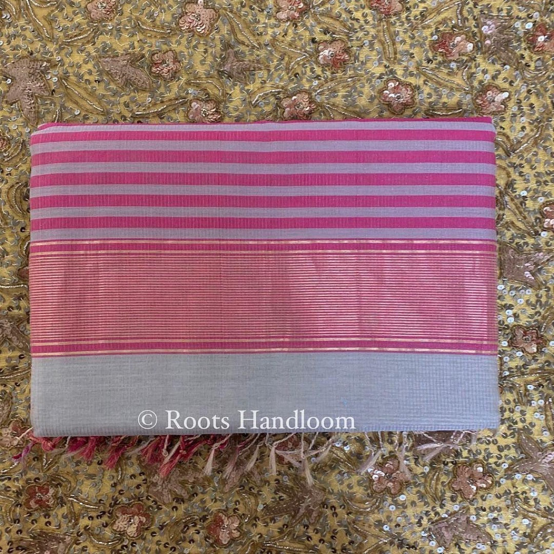 Grey & pink maheshwari saree with zari lines all over