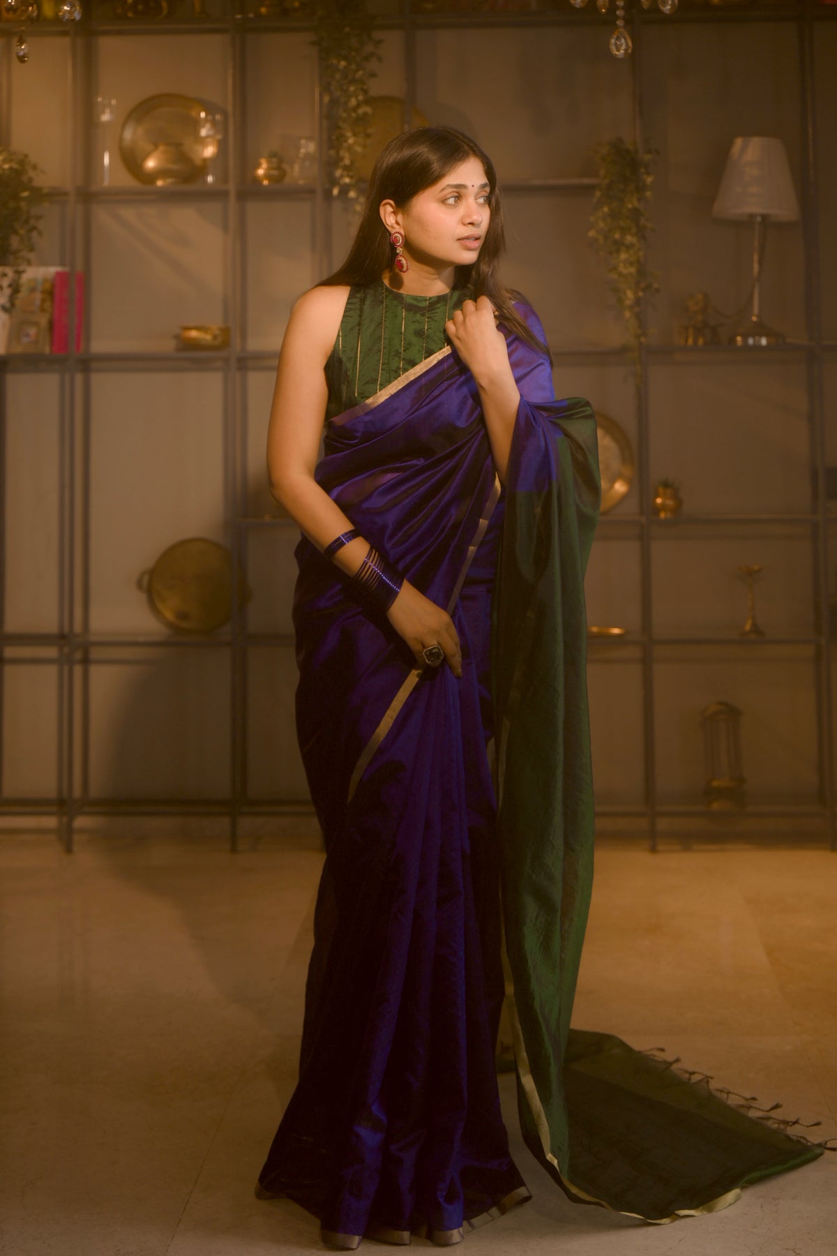 Indigo and green Chanderi silk saree with zari border