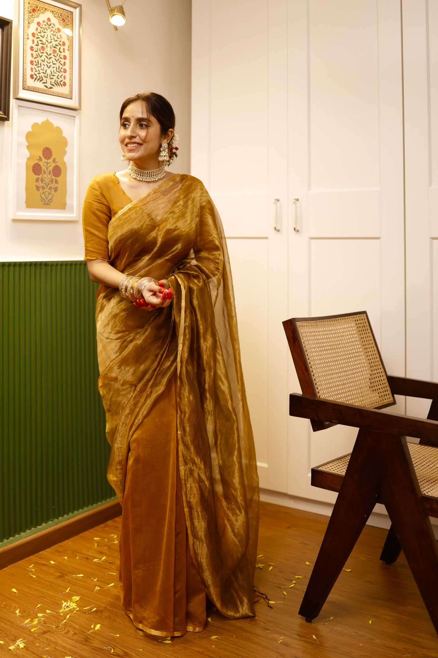Mustard and gold maheshwari saree with zari border