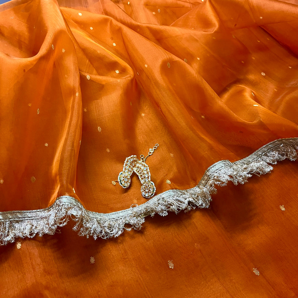 Burnt Orange Chanderi Silk Saree with Zari Bootis all over
