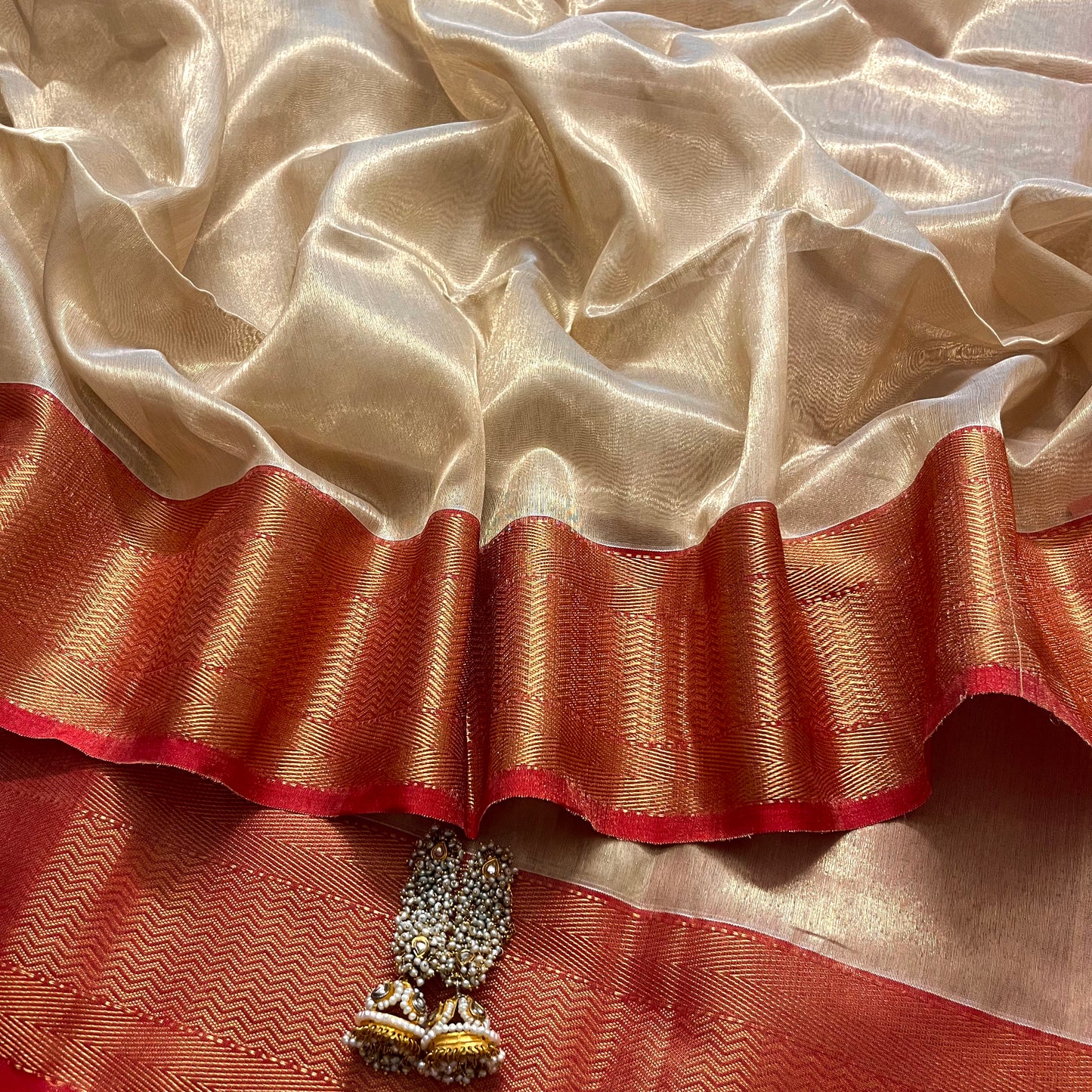 Gold & red maheshwari tissue silk saree with zari border