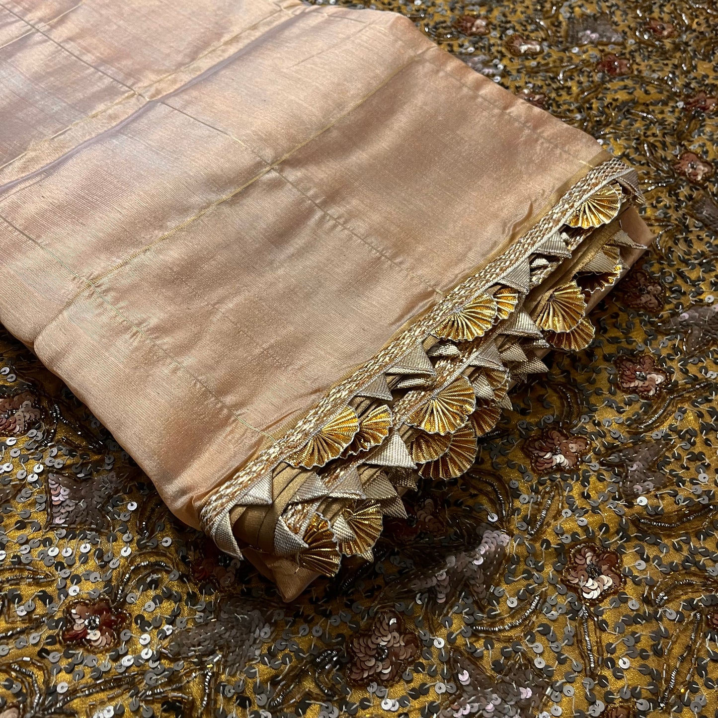 Sand beige Chanderi silk saree with zari checks all over and gota border