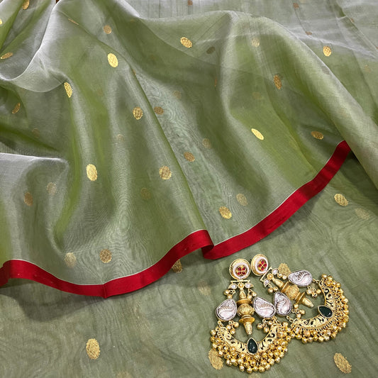 Olive gold &red Chanderi silk saree with zari bootis all over