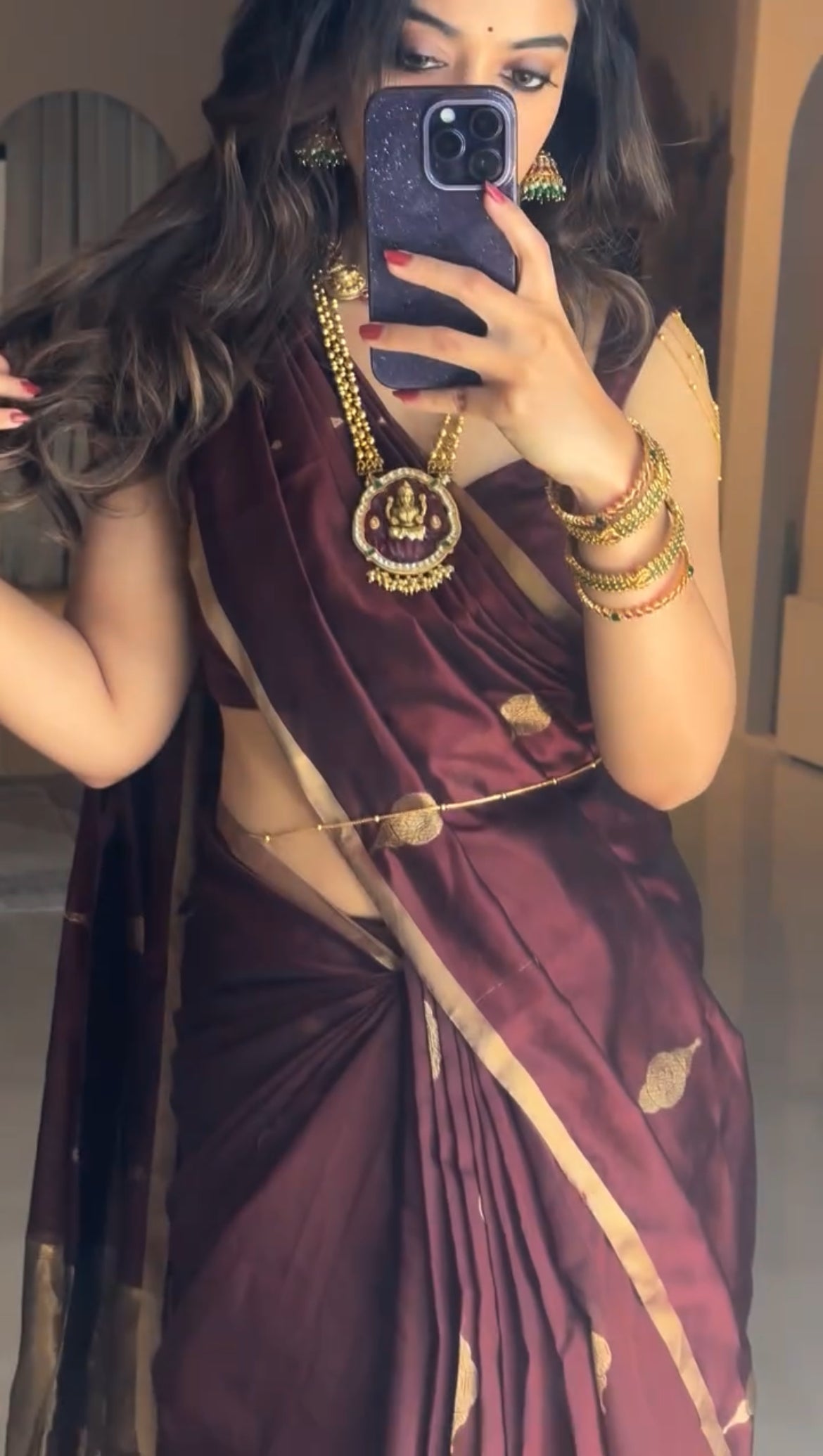 Mahogany chanderi silk saree with jhoomar motifs all over