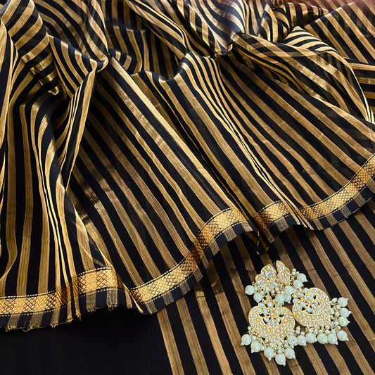 Black Maheshwari saree with zari stripes all over