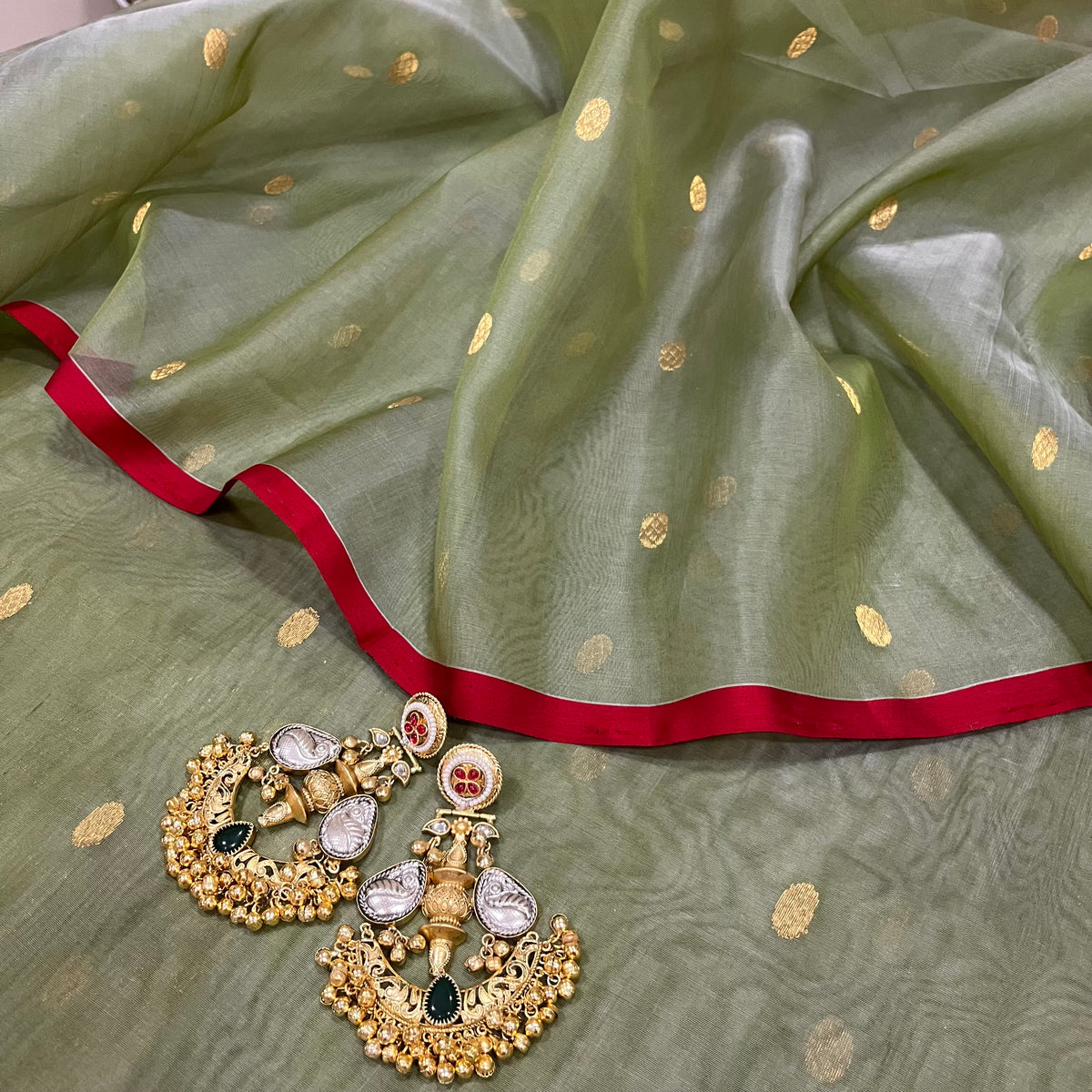 Olive gold & red Chanderi silk saree with zari bootis all over