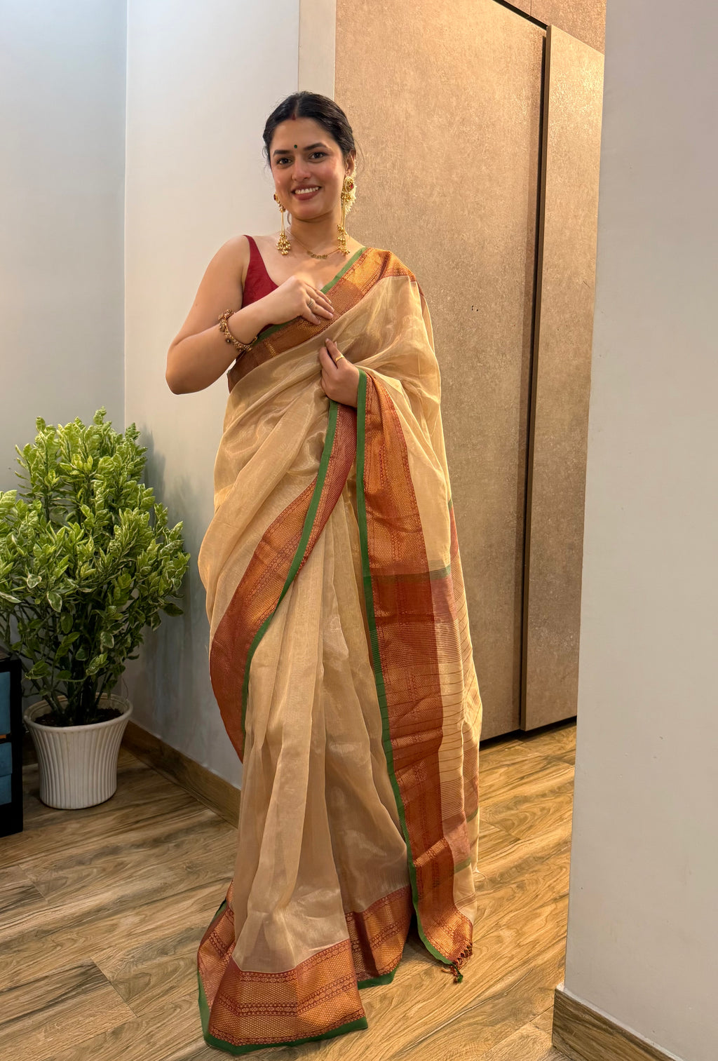 Ready to wear | Gold Red & Green Maheshwari Tissue Silk Saree with Zari Pattern on Pallu