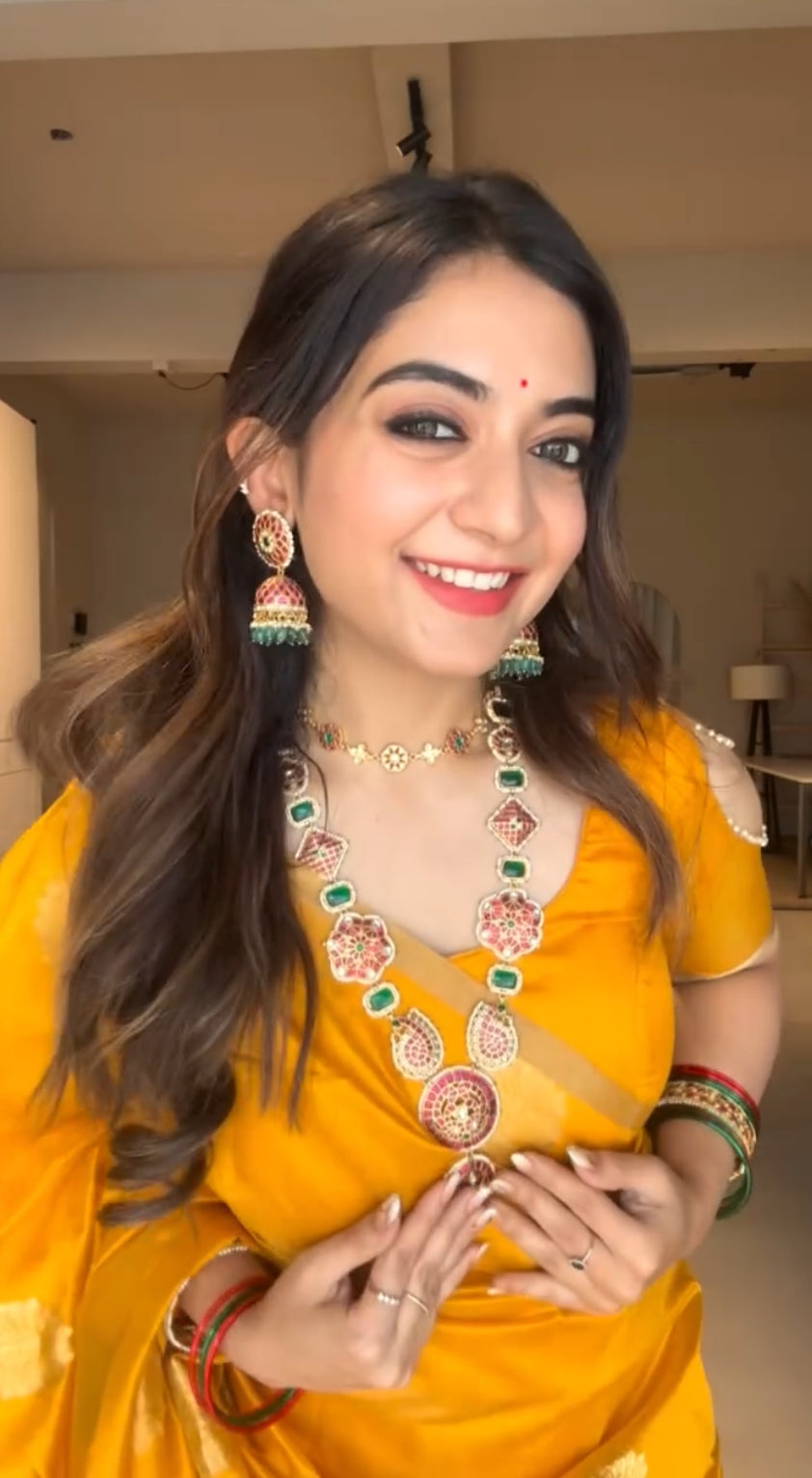 Yellow chanderi silk saree with mor motifs all over