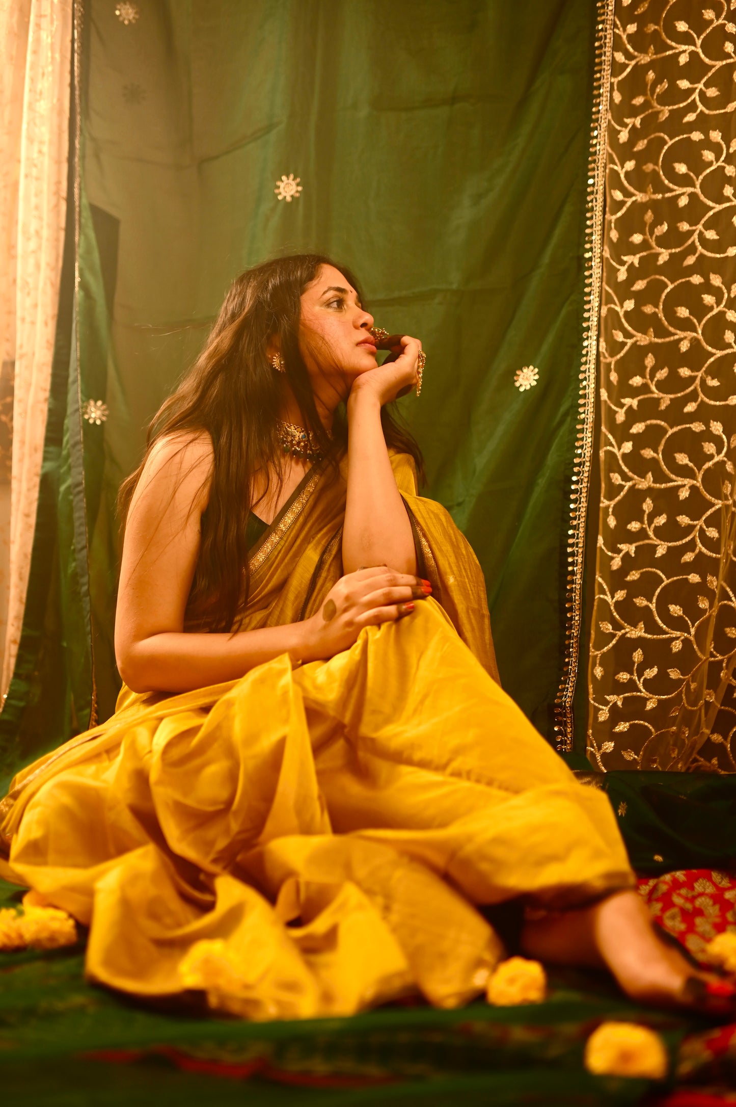 Mustard & green Maheshwari saree with flower bootis all over