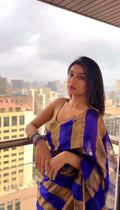 Dark purplish blue Chanderi silk saree with zari stripes