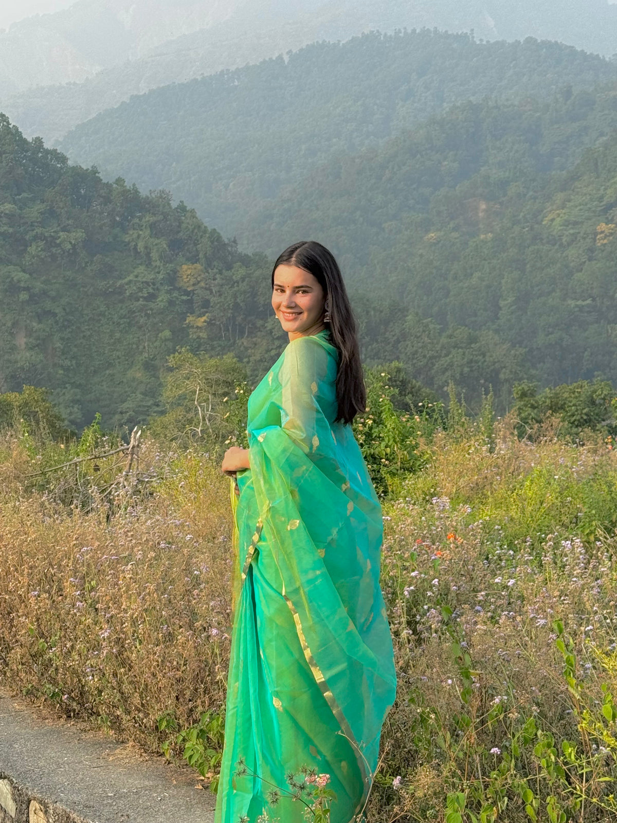 Green and gold dual tone chanderi organza silk saree with jhumka motifs all over