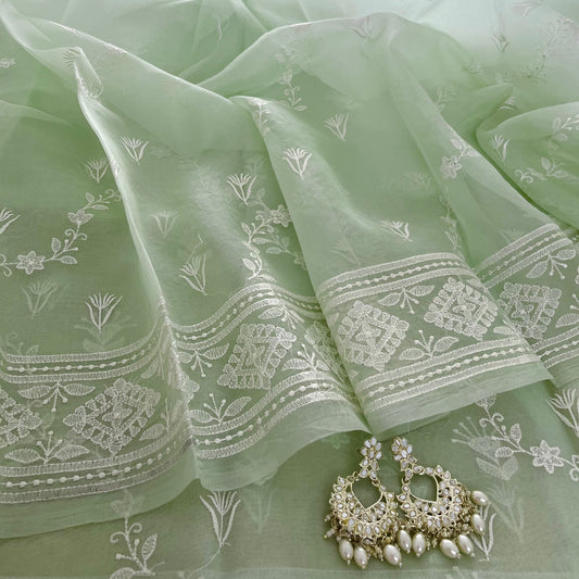 Sea green Banarasi organza silk saree with Threadwork all over