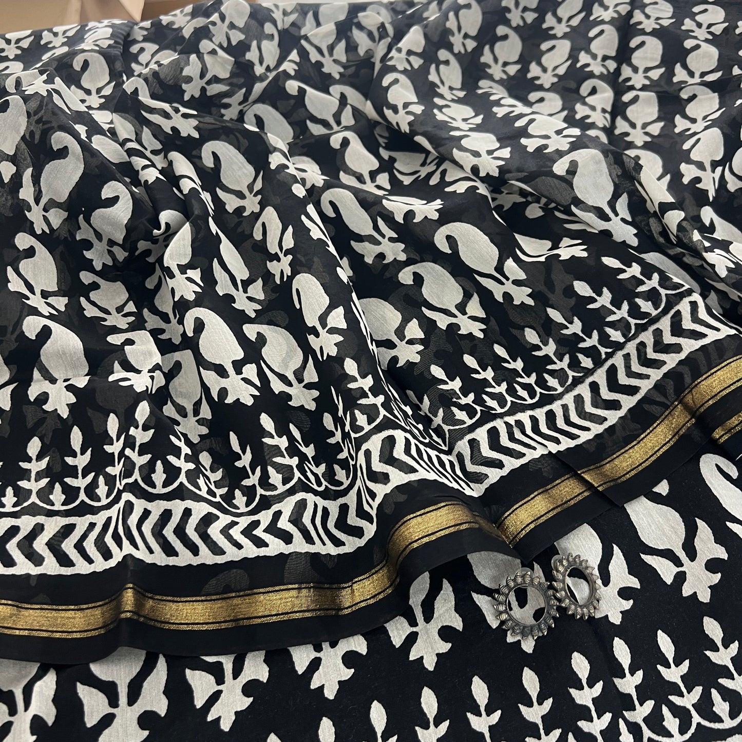 Black and white block print Chanderi saree