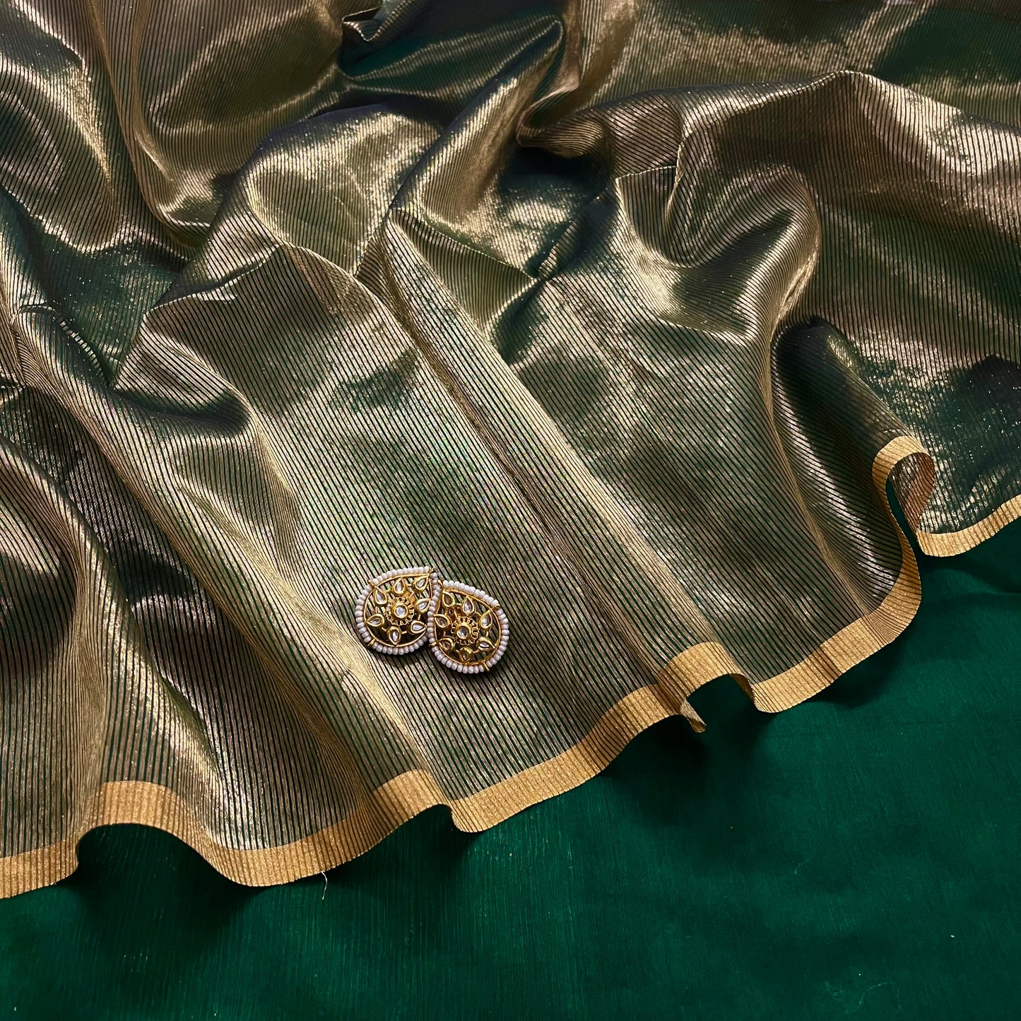 Dark Green & Gold Maheshwari Saree with Zari Border