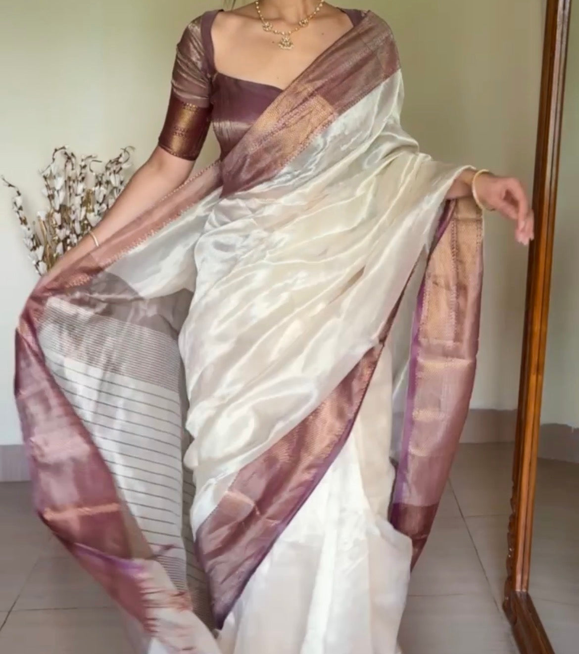 Cream & Violet Maheshwari tissue silk saree with antique gold zari border