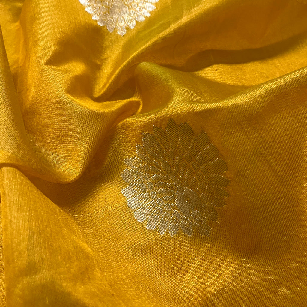 Yellow chanderi silk saree with mor motifs all over