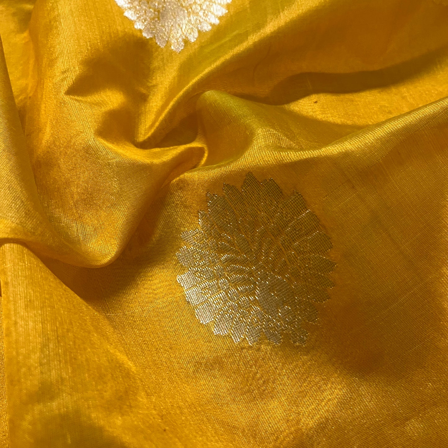 Yellow chanderi silk saree with mor motifs all over