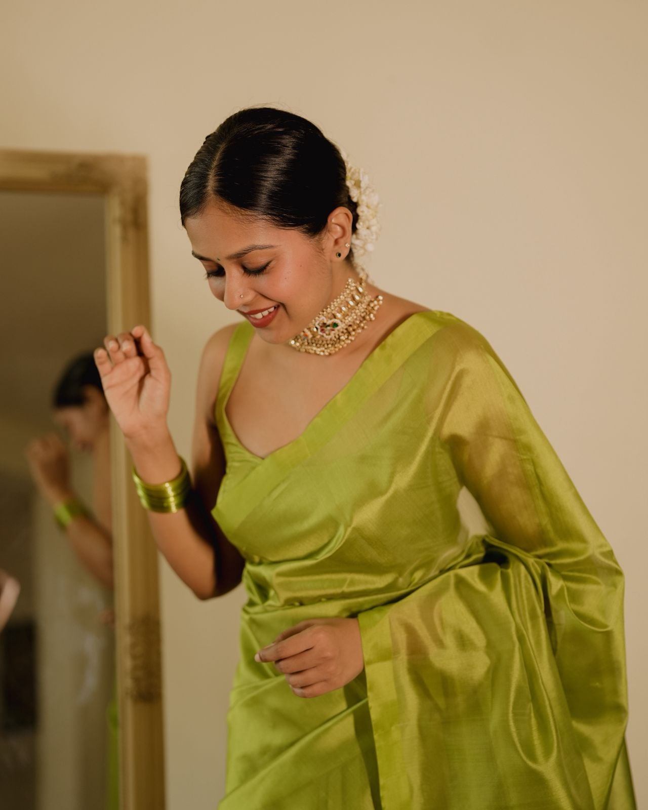 Olive green Chanderi silk saree with silk border