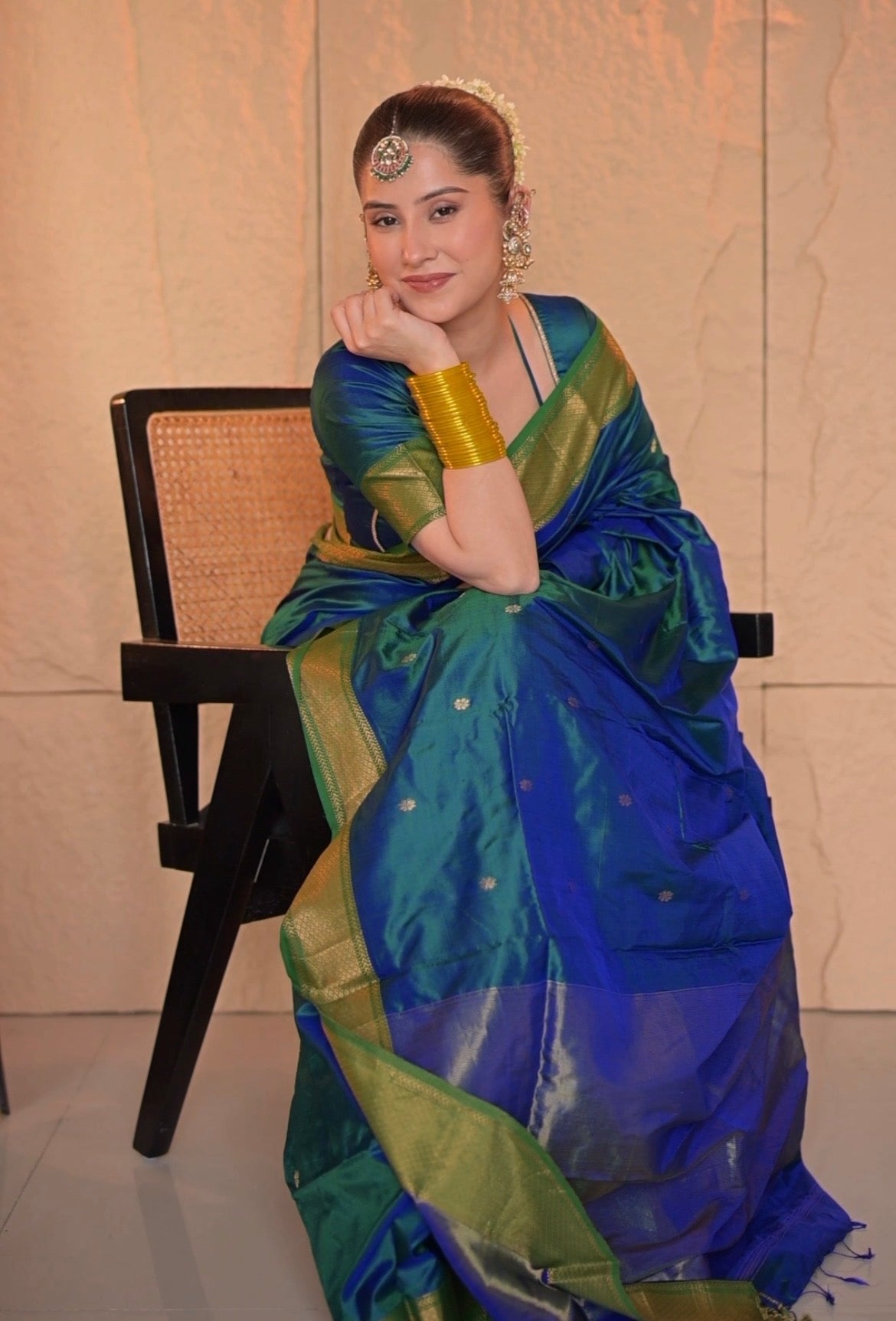 Peacock blue and green dual tone Maheshwari silk saree with zari bootis all over
