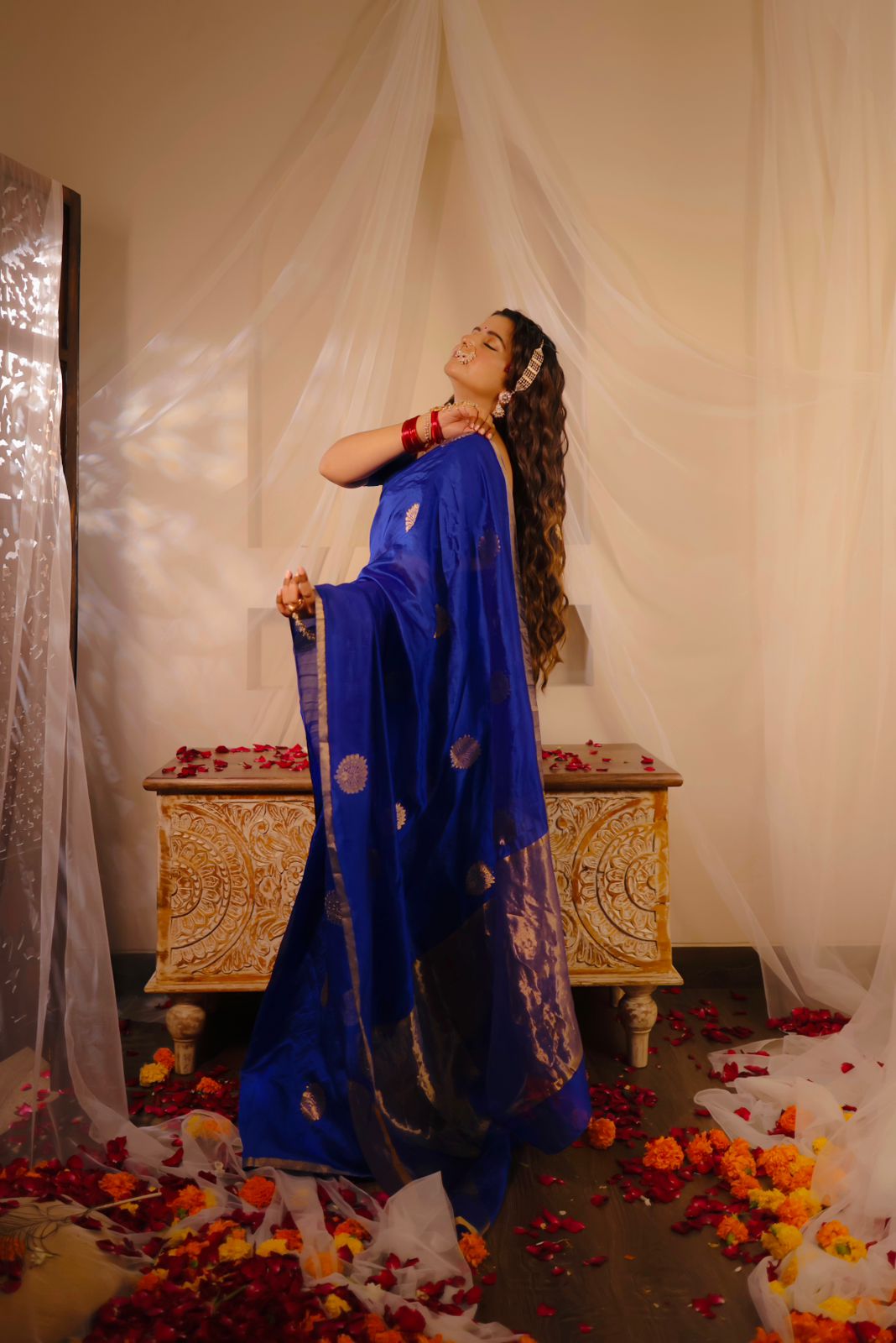 Royal blue chanderi silk saree with mor-motifs all over