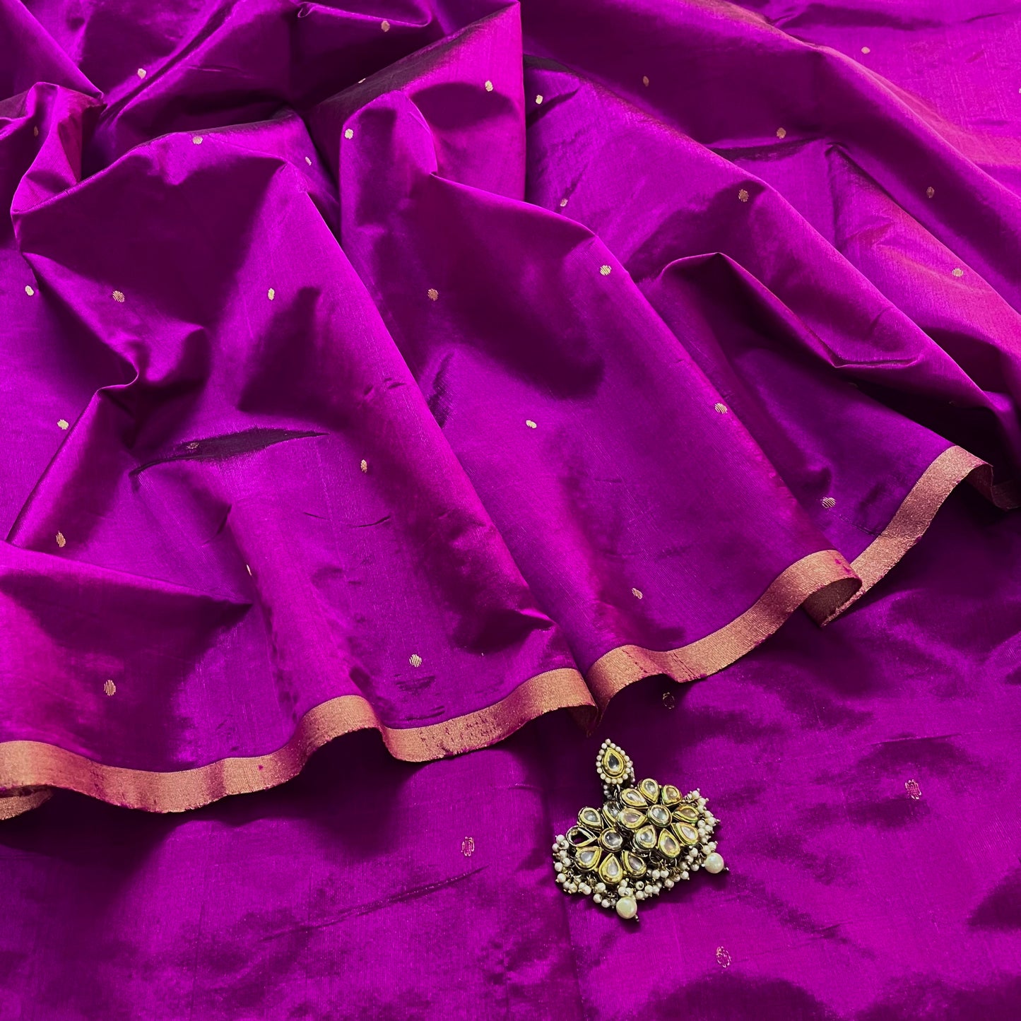 Wine chanderi silk saree with zari bootis all over
