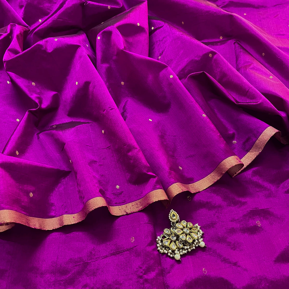 Wine chanderi silk saree with zari bootis all over