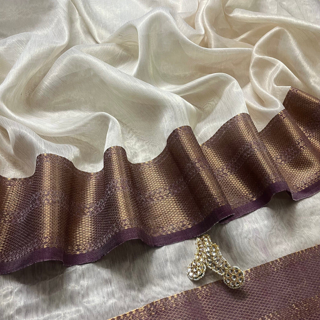 Ready to wear | Cream & Violet Maheshwari tissue silk saree with antique gold zari border