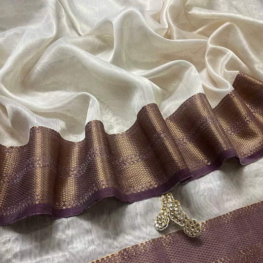 Cream & Violet Maheshwari tissue silk saree with antique gold zari border