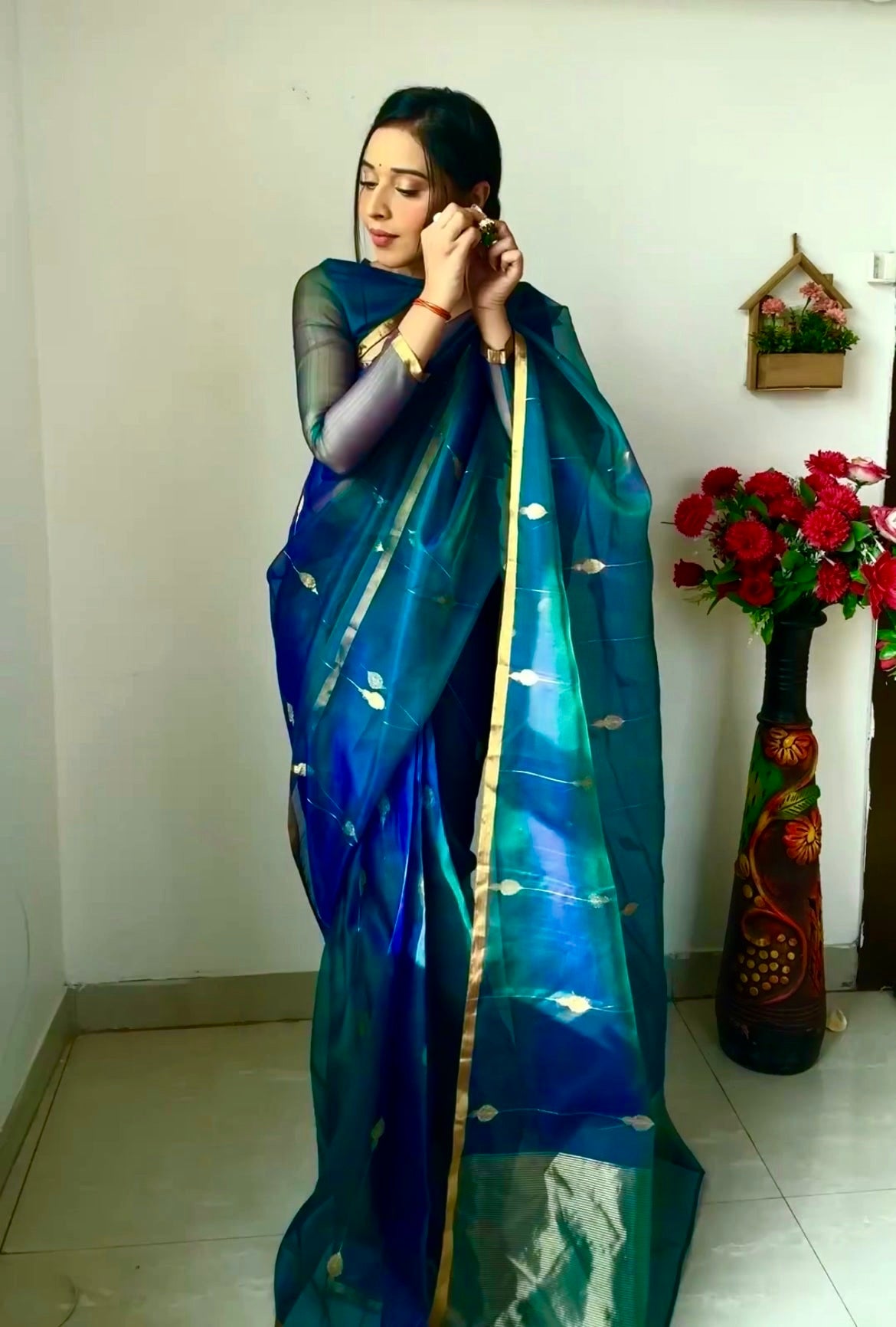 Peacock Blue & Green Dual Tone Chanderi Organza Silk Saree with Jhumka Motifs all over