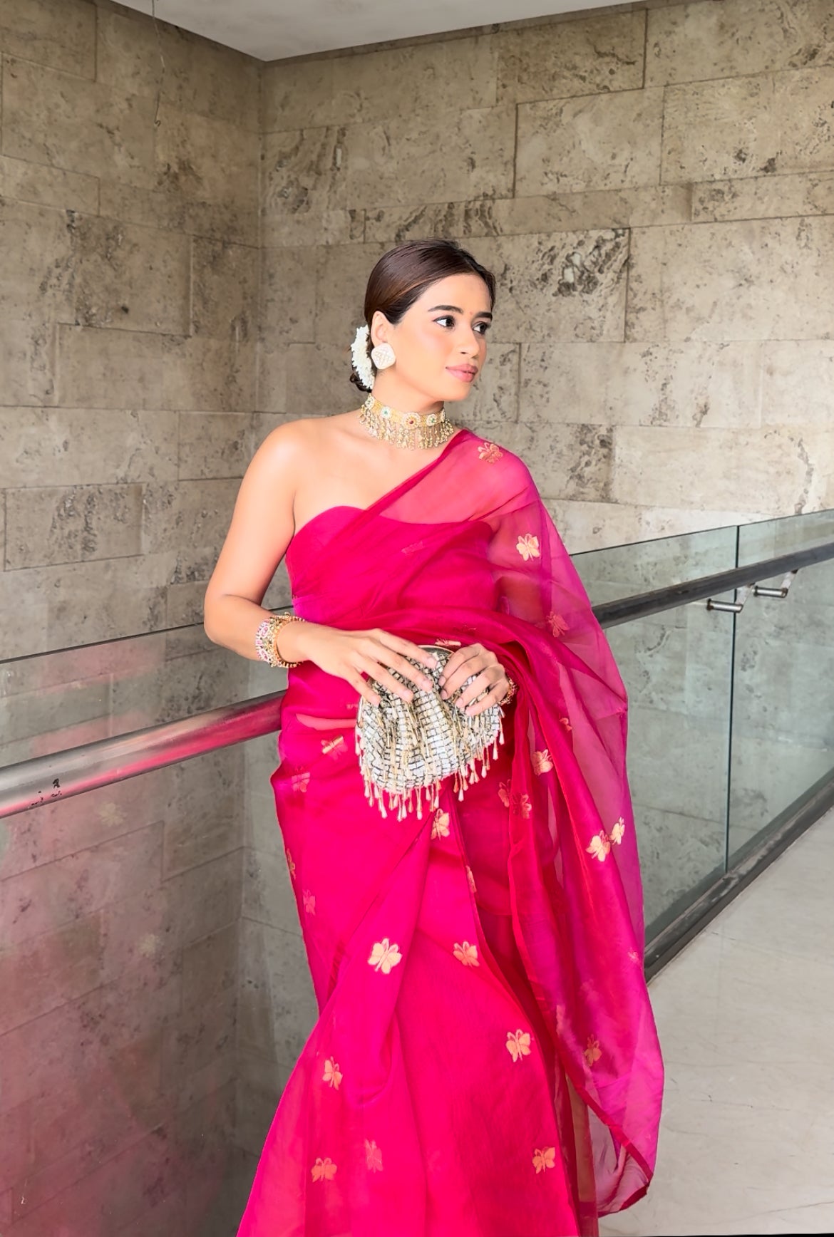 Rani pink Chanderi silk saree with butterfly motifs all over