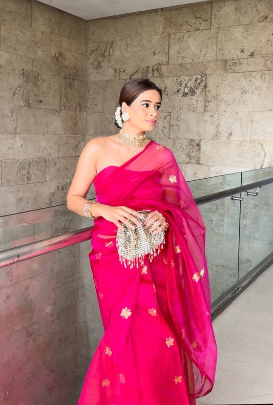Rani pink Chanderi silk saree with butterfly motifs all over
