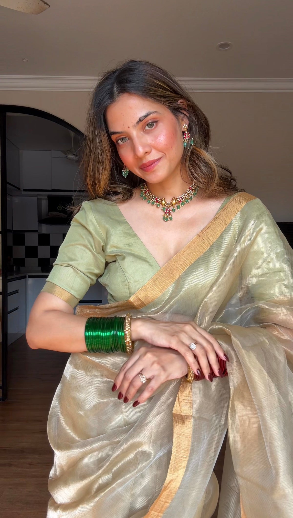 Olive Gold Maheshwari Saree with Zari lines all over