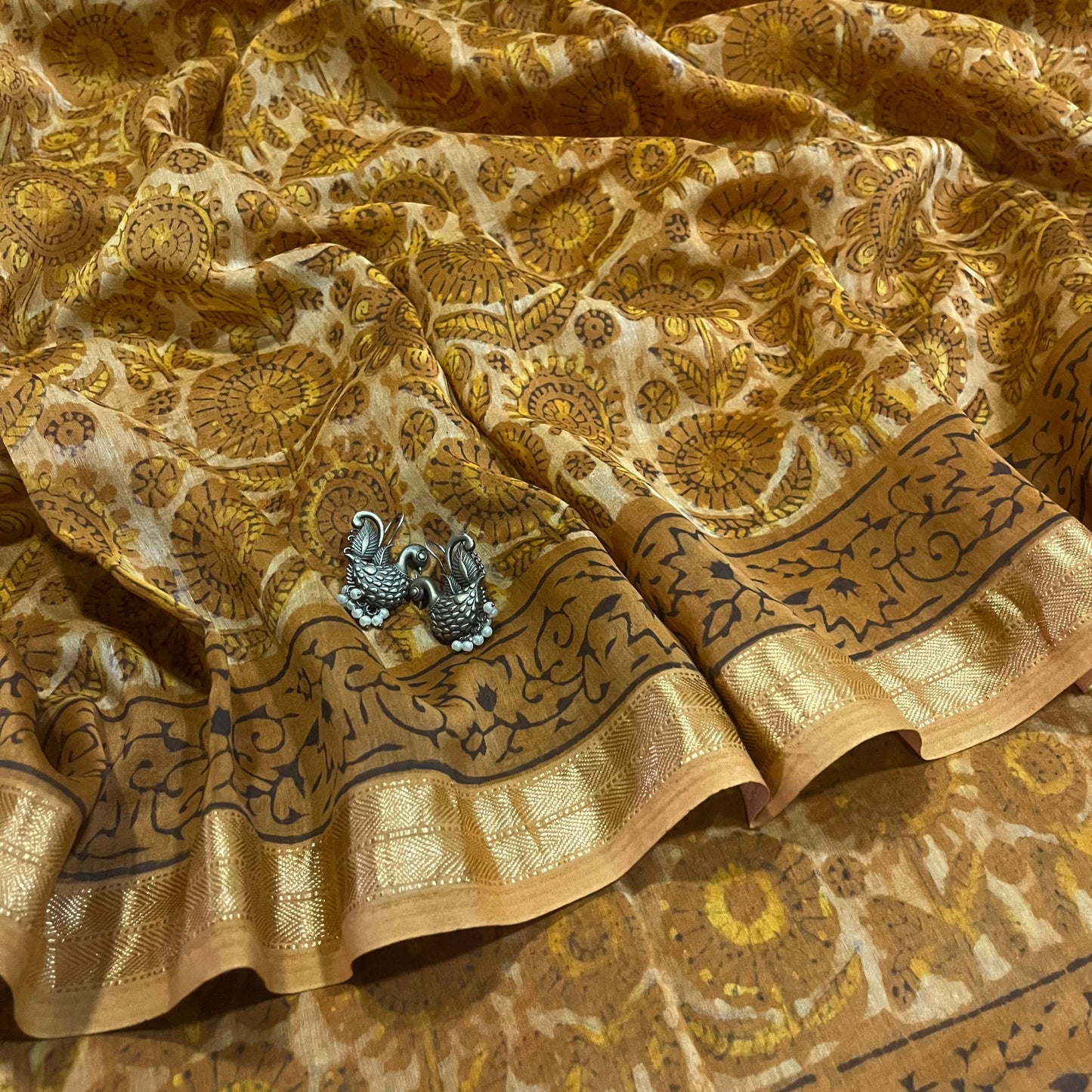 Mustard Maheshwari saree with ajrakh print all over