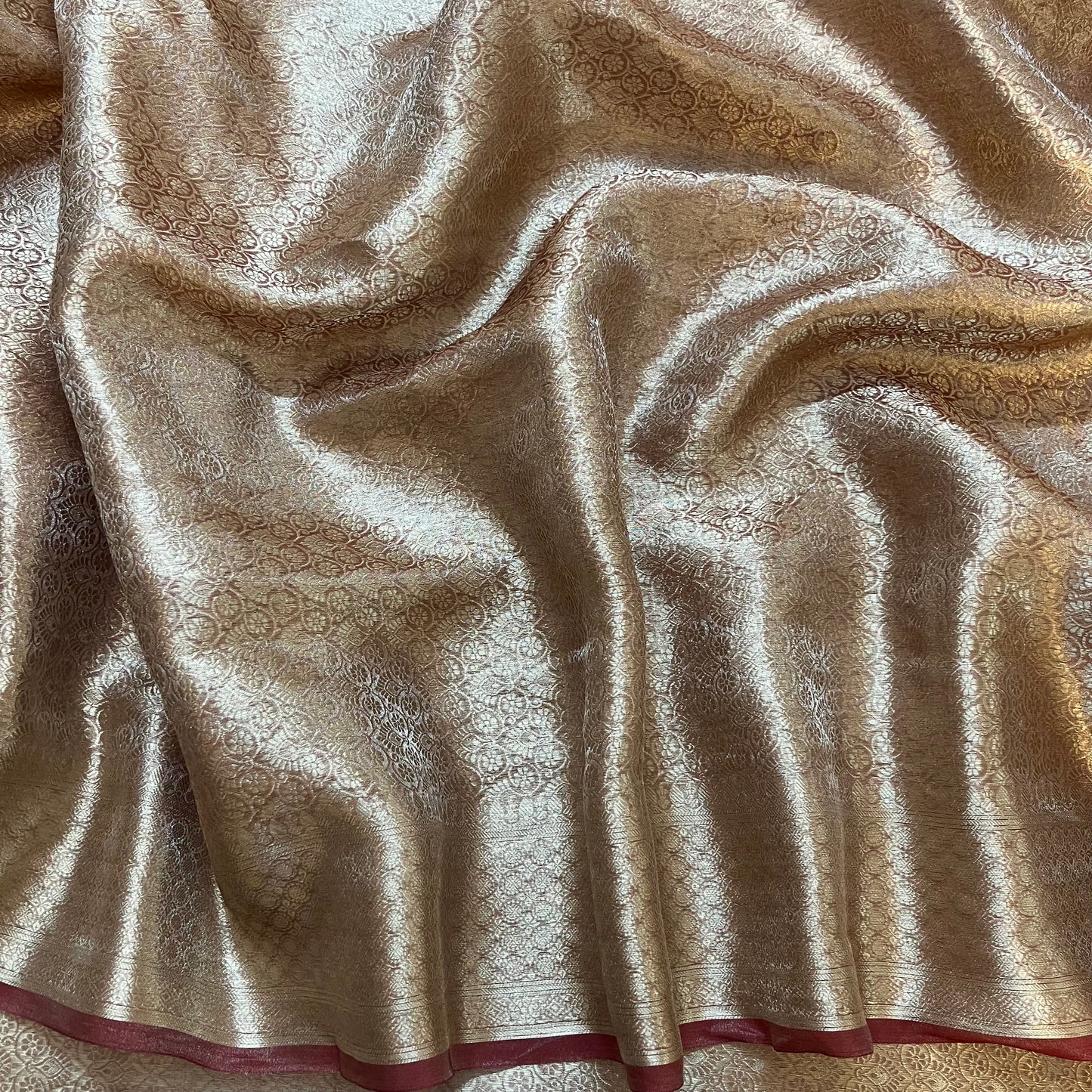 Champagne & Red Banarasi Brocade silk saree with zari pattern all over