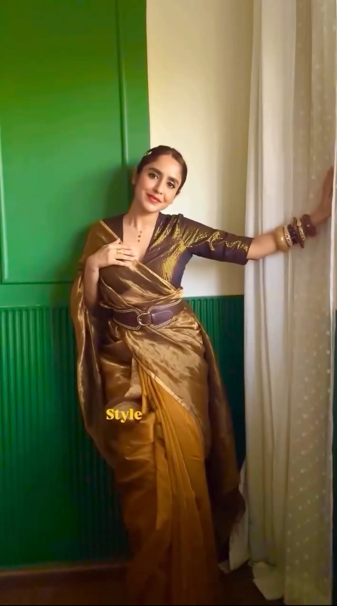 Mustard and gold maheshwari saree with zari border