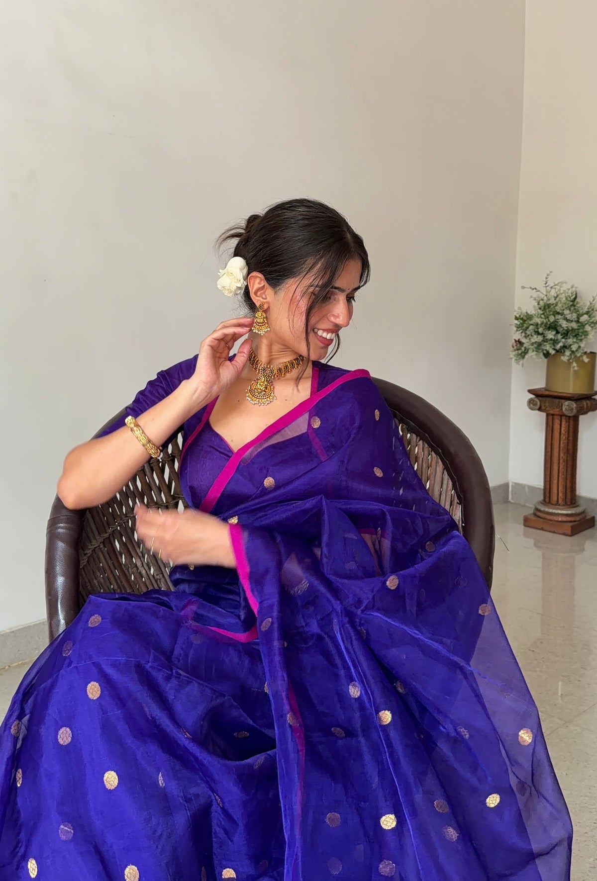 Ready to wear | Dark Purple & Pink Chanderi Organza Silk Saree with Zari Bootis all over