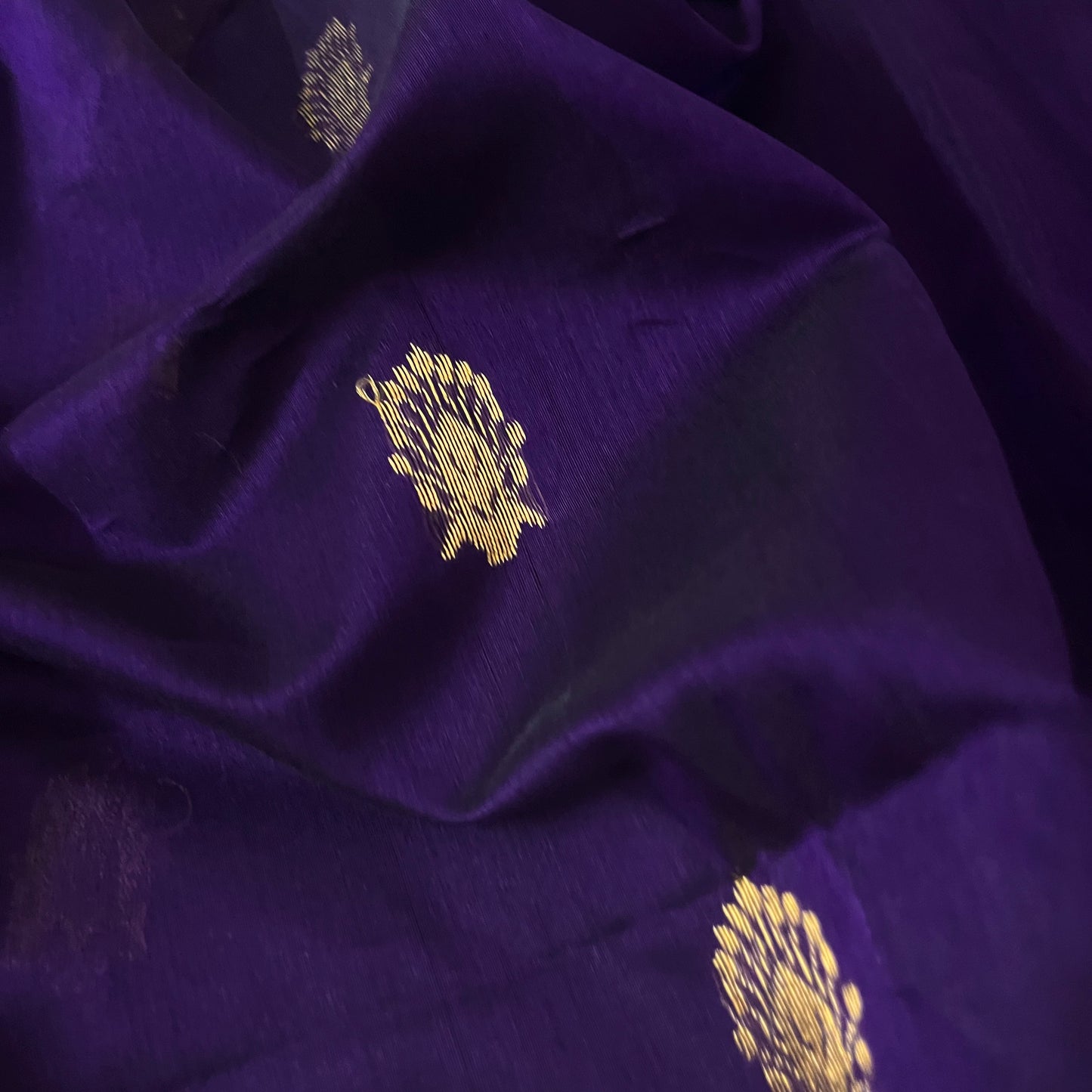 Dark purple Maheshwari saree with zari motifs all over