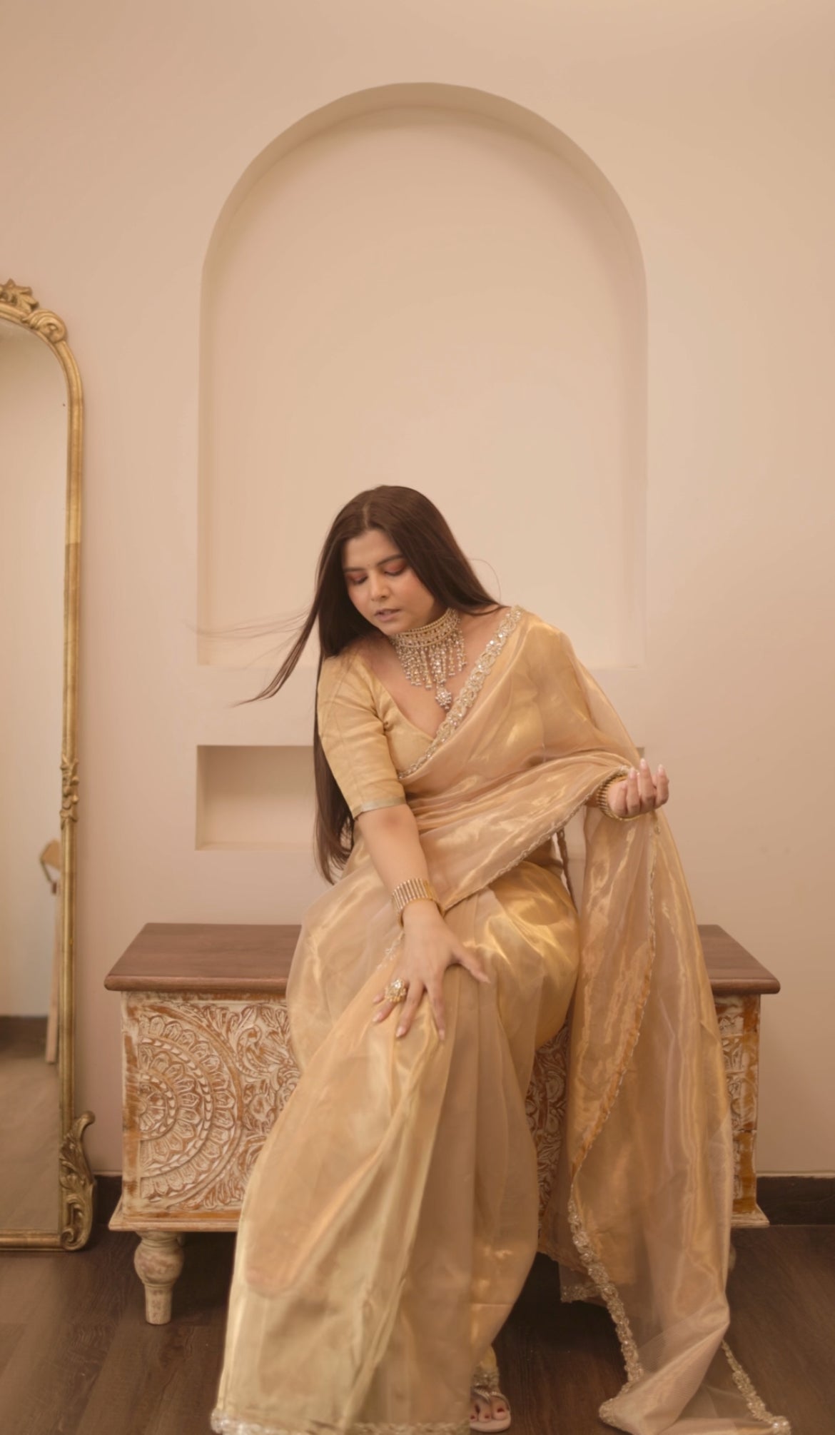 Molten gold chanderi tissue silk saree with intricate work border
