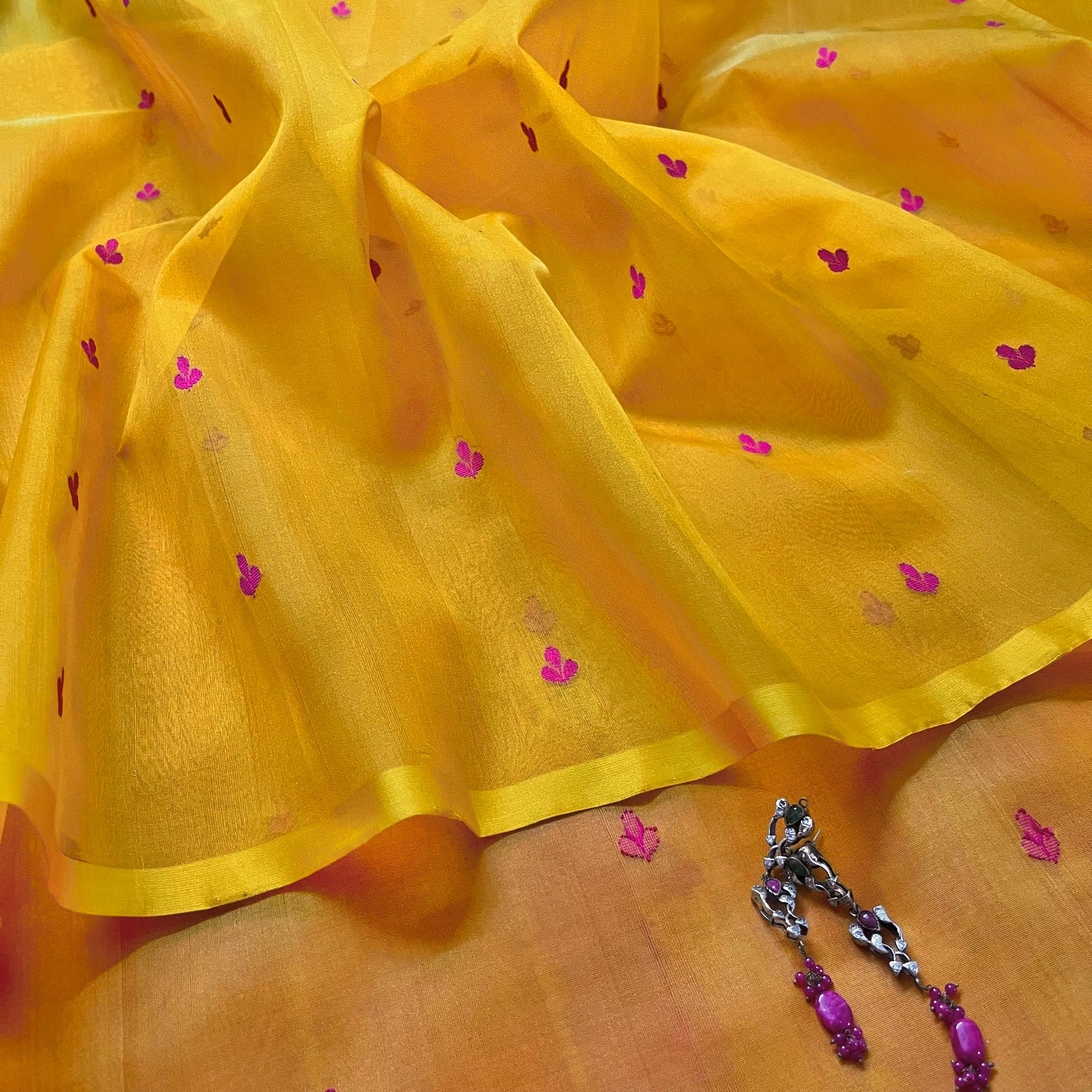 Mustard and pink Chanderi silk saree with resham bootis all over