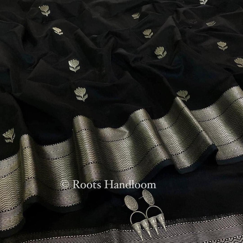 Black Maheshwari Saree with Flower Motifs all over – Roots Handloom