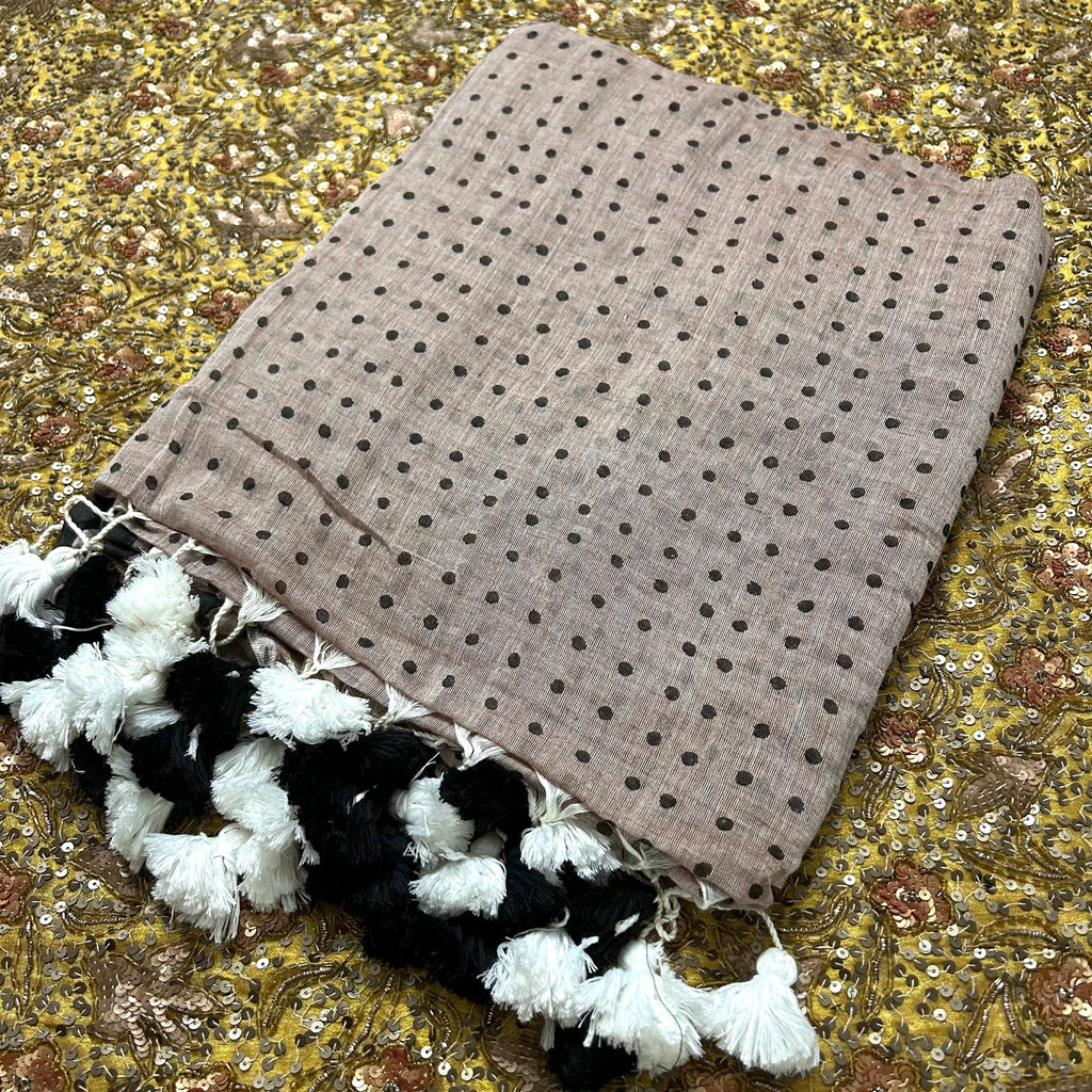 Greyish beige and black polka dot mulmul saree