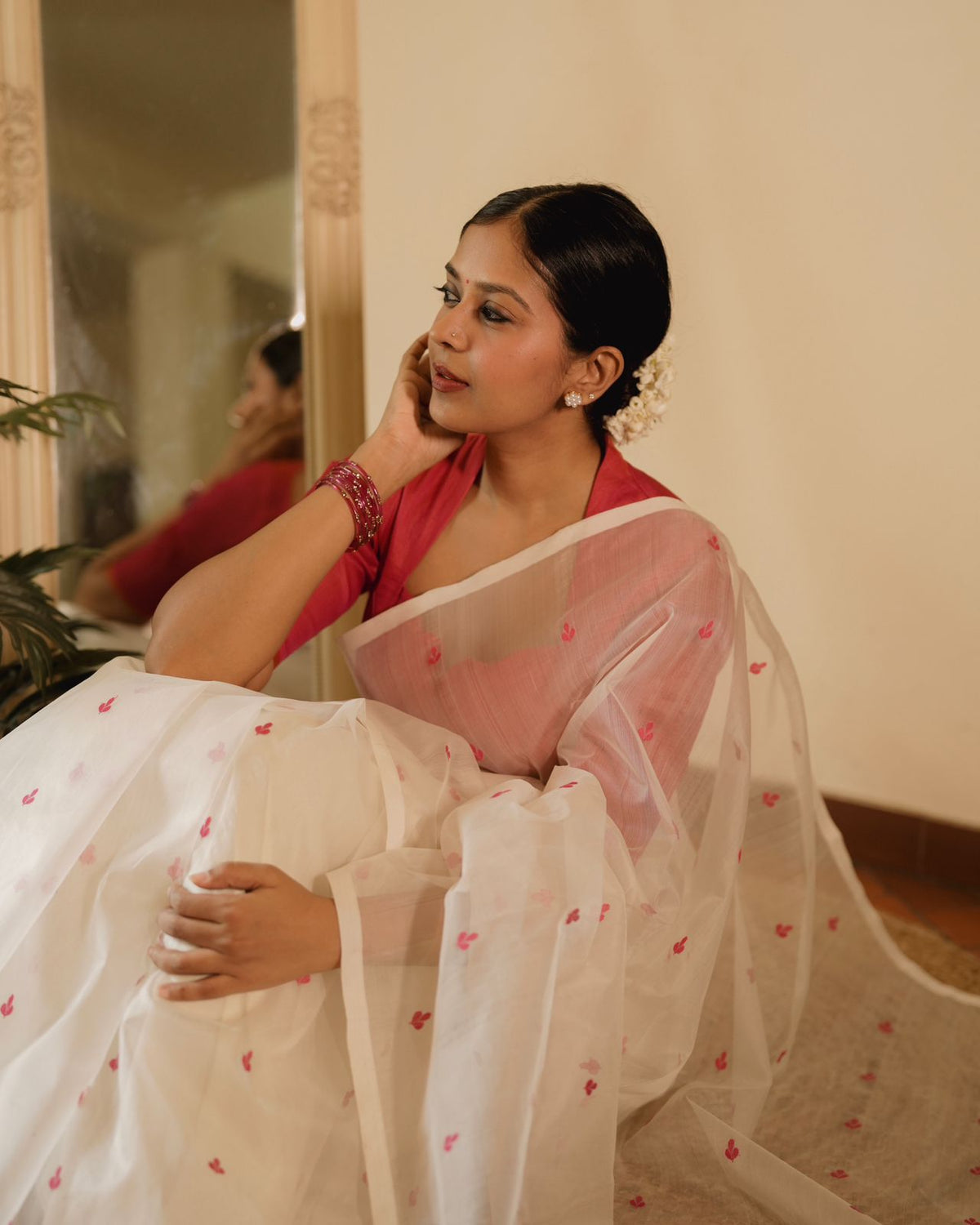 Off white and pink Chanderi silk saree with resham bootis all over