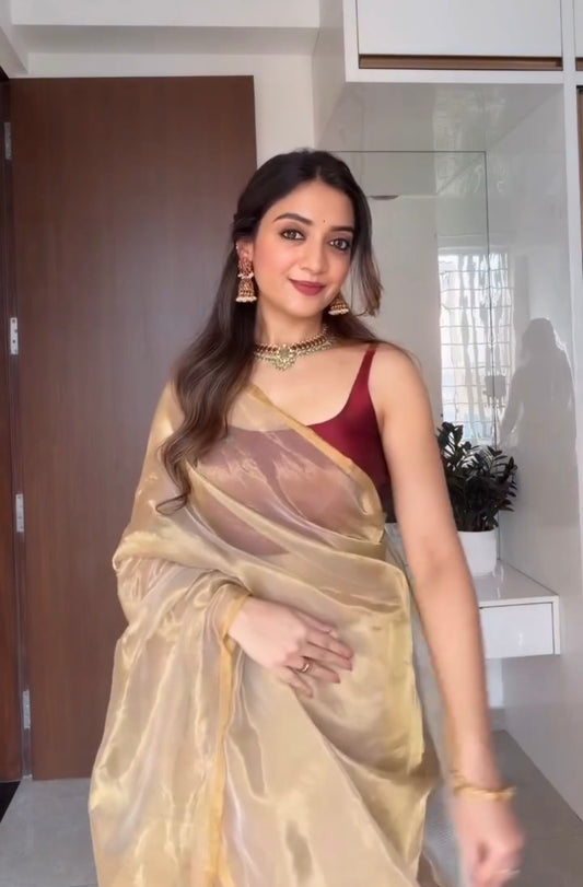 Gold Chanderi tissue silk saree with zari lines on pallu
