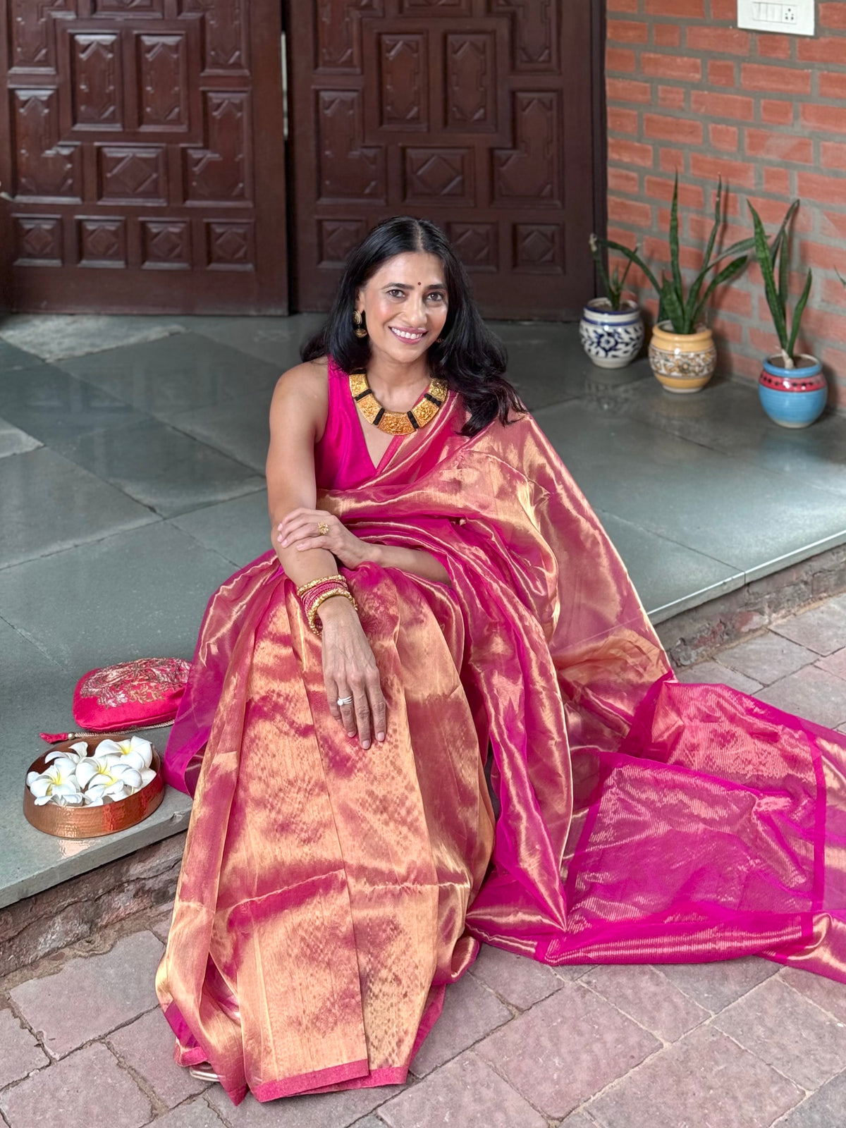 Pink and gold chanderi tissue silk saree