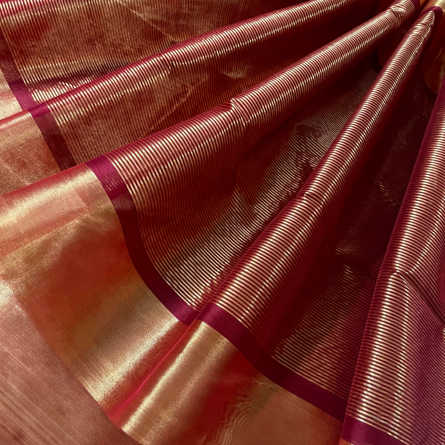 Deep red and gold Chanderi tissue silk saree