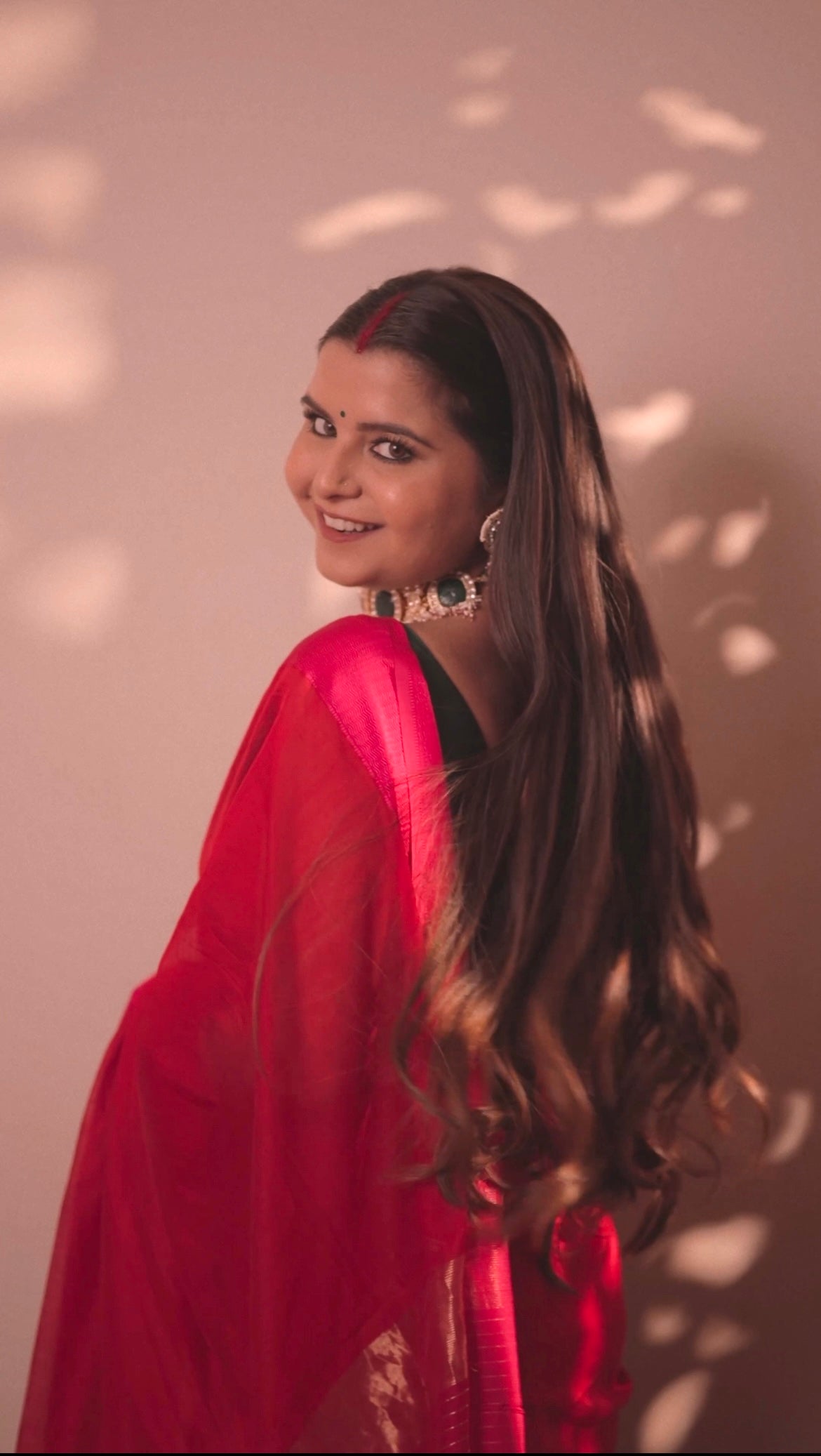 Red and pink maheshwari saree with resham border