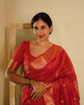 Red Maheshwari saree with morni motifs all over