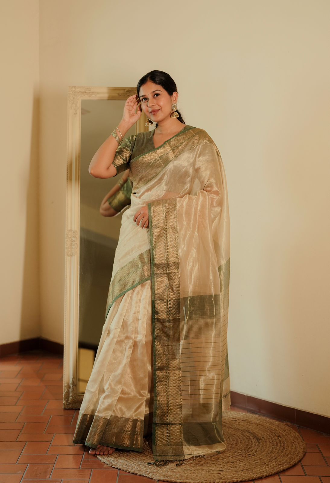 Cream Gold and green Maheshwari tissue silk saree with zari pattern on pallu
